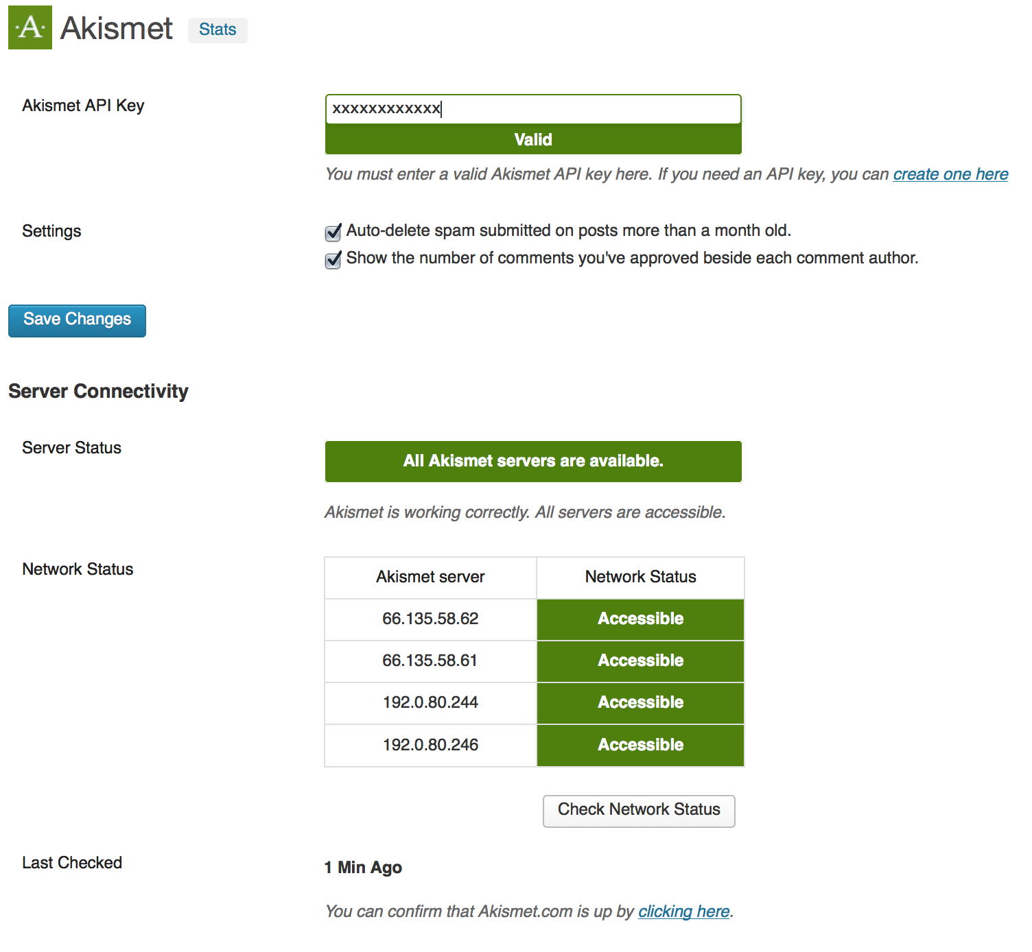 Screenshot of Akismet configuration page.
