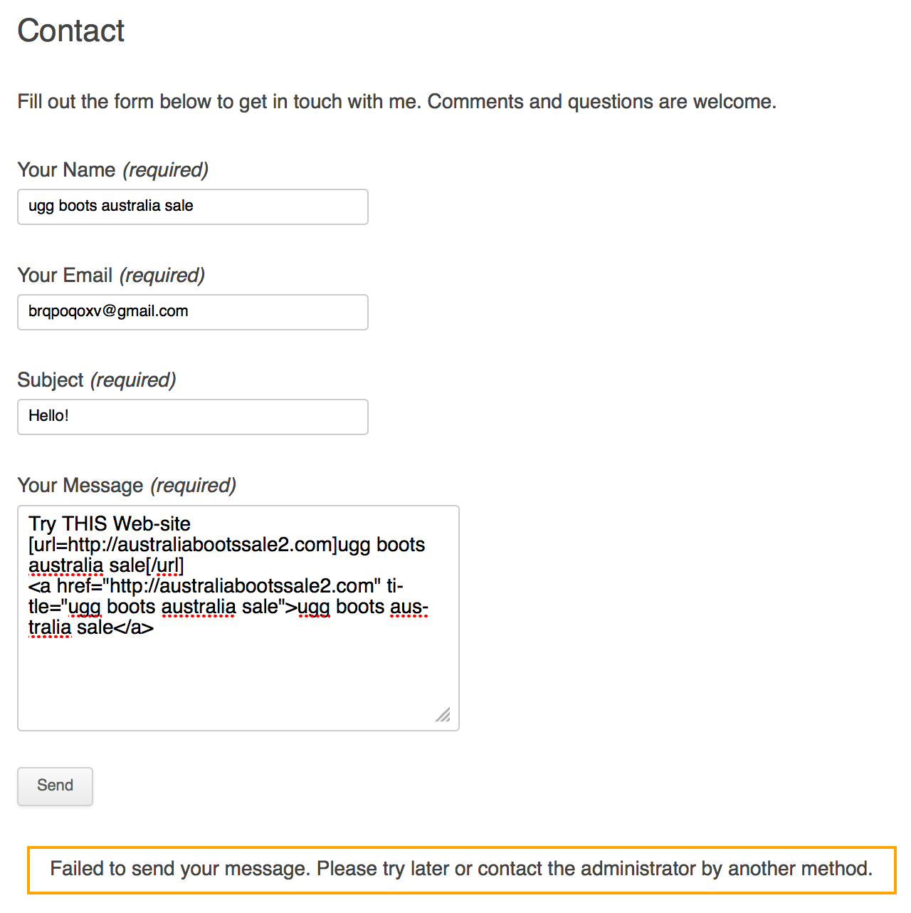 Screenshot of contact form filled out with spam.