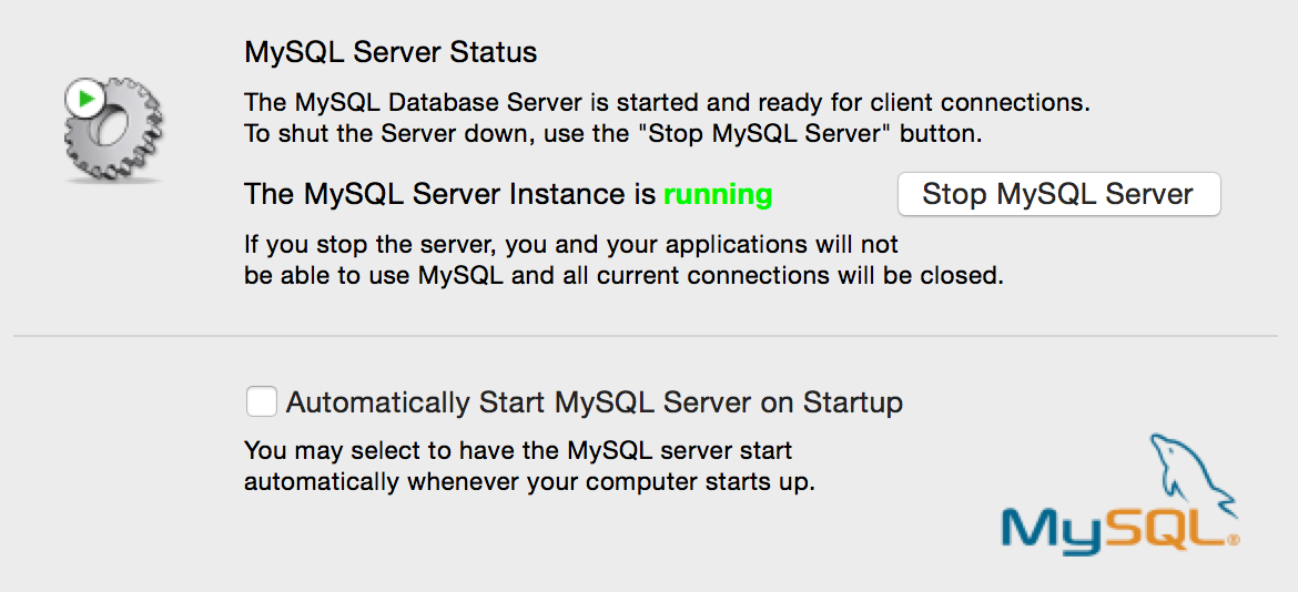 Screenshot of MySQL preference pane on Mac showing that MySQL server is running.