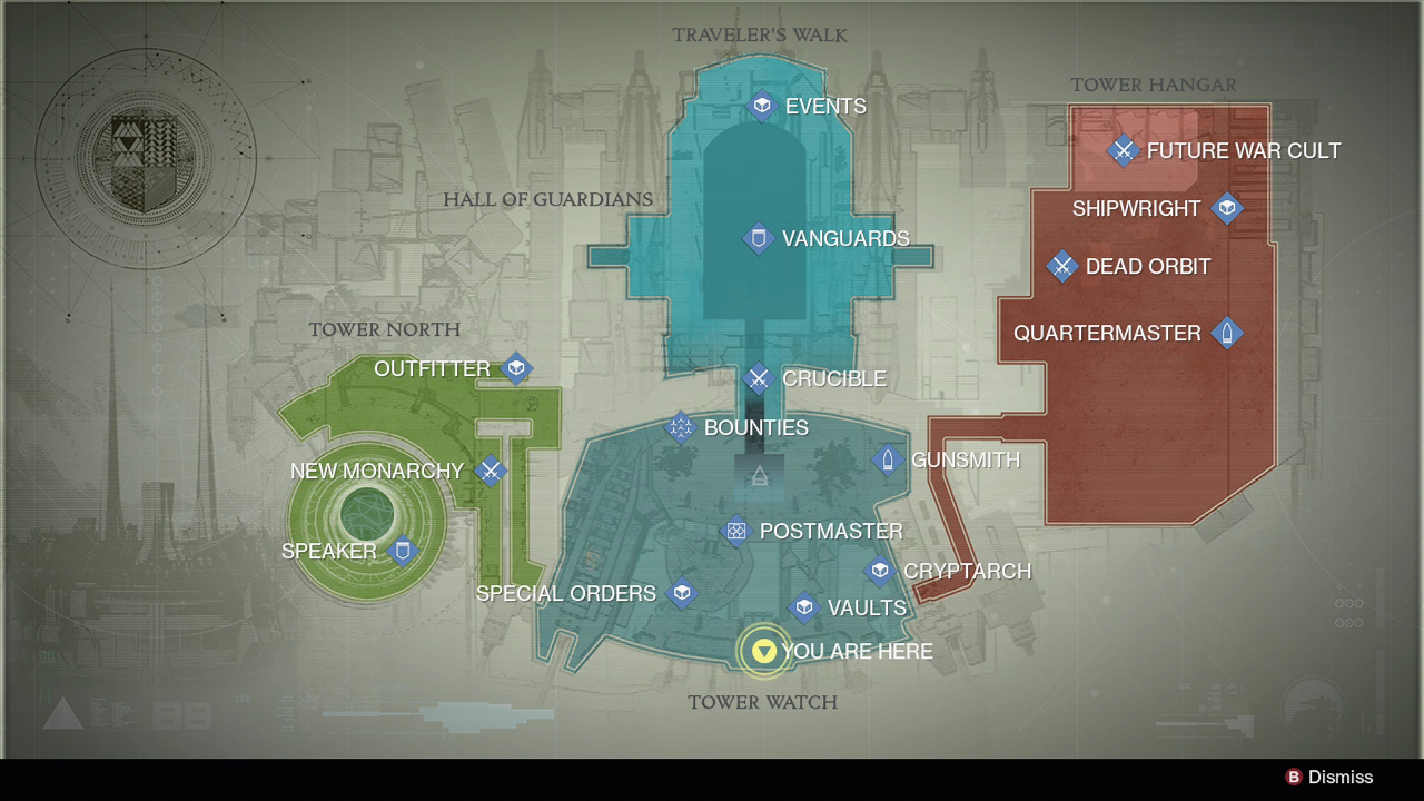 Destiny tower with vendor markers.