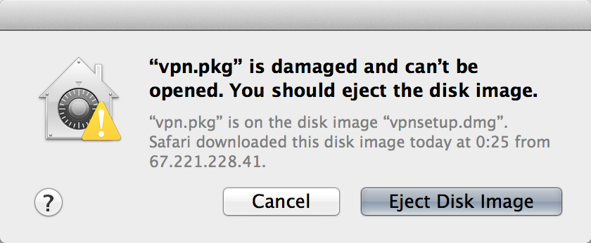 Screenshot of error message on Mac: vpn.pkg is damaged and can't be opened.