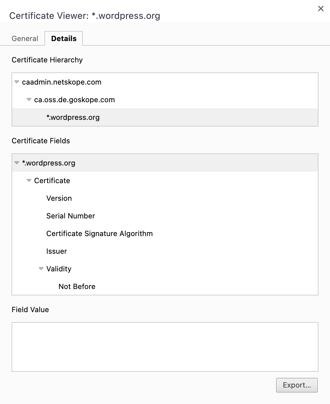 Screenshot of Details tab of Certificate Viewer with Export button at bottom