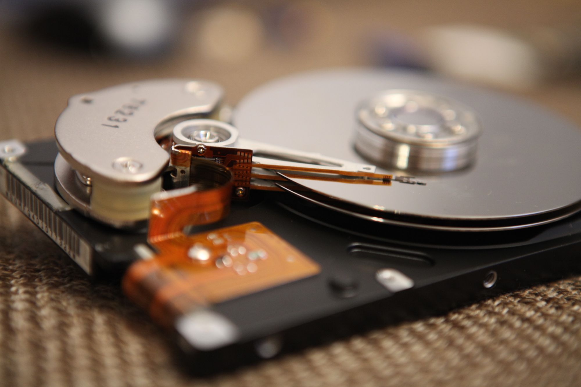 Hard drive with its case removed.