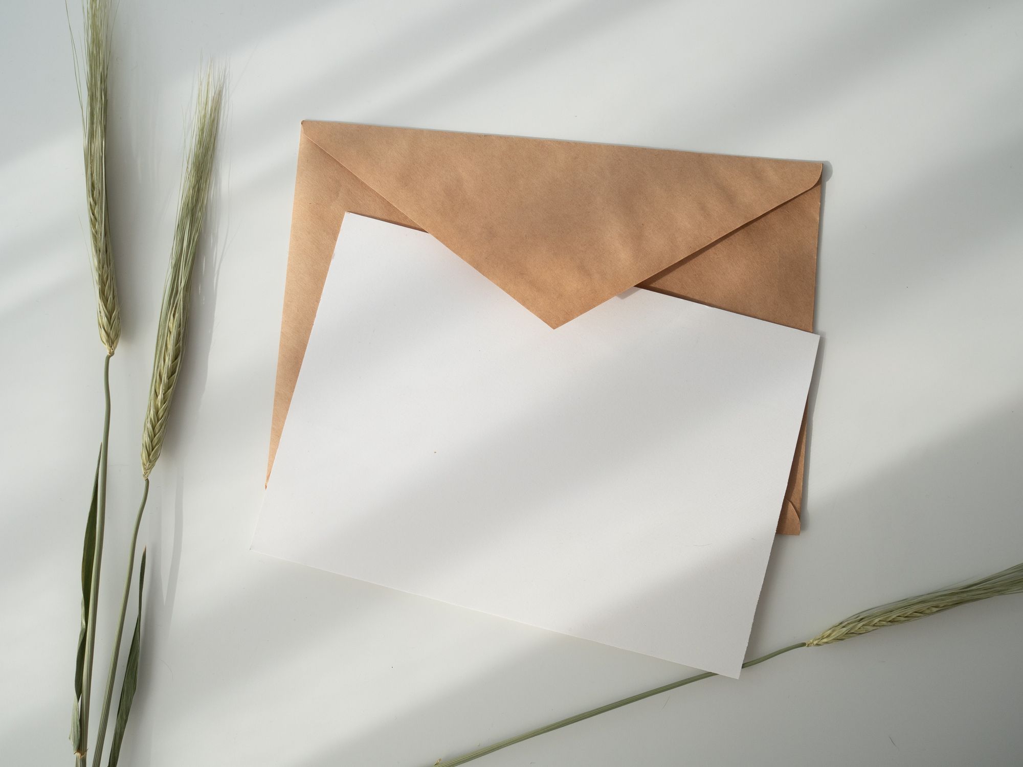 Blank note card on top of an envelope.