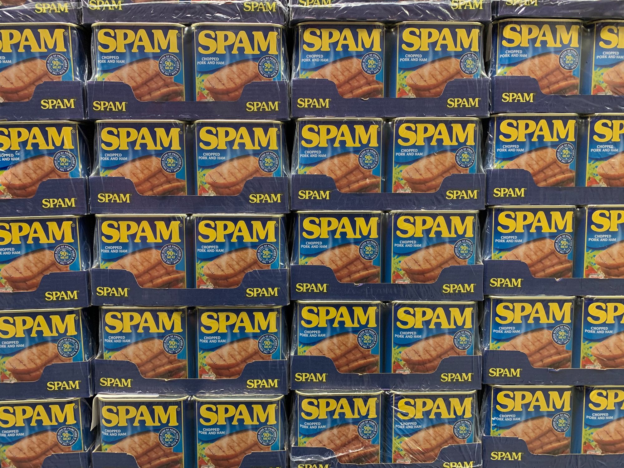 Stacked crates of SPAM containers.