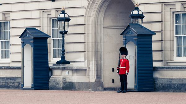 Queen's Guard protecting the entrance of a building.